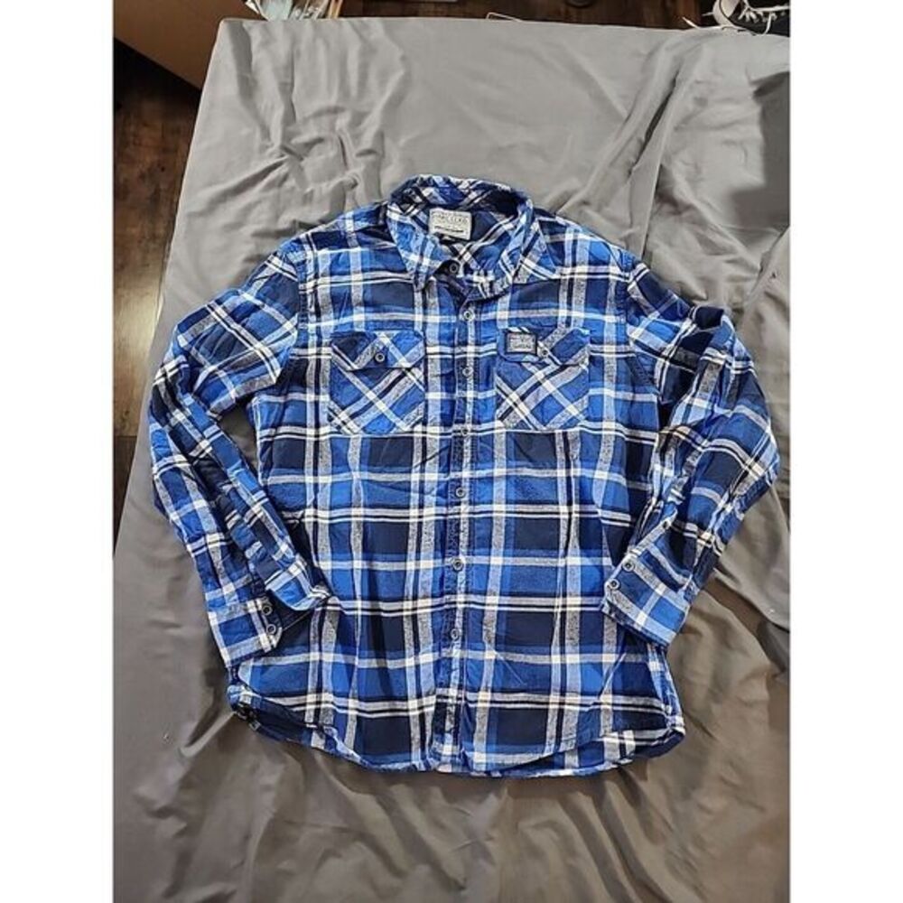 Marc Ecko Cut & Sew Men's XL Plaid Button Down Shirt Epaulettes Blue Black White